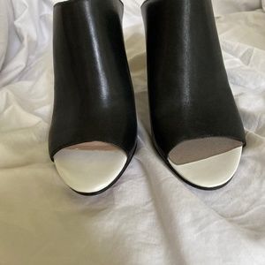 French Connection FC-Meena Mule Peeptoe Heels Black Learher